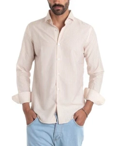 Camicia Uomo Viscosa Con Colletto Manica Lunga Regular Fit Riga Stretta Beige - Imagen 1 de 9