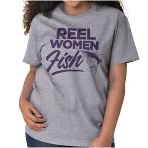 Reel Women Fish Fisherwoman Fishing Saying Womens Graphic Crewneck T Shirt Tee - Picture 1 of 10