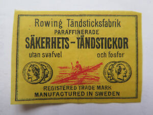 SAKERHETS TANSTICKOR THE ROWER MATCH BOX LABEL c1930s SMALL SIZE MADE in SWEDEN