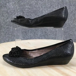 DKNYC Shoes Womens 6 Casual Comfort Slip On Peep Toe Pumps Black Leather Wedge - Picture 1 of 11