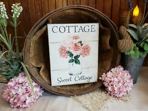 OLD VICTORIAN PRIMITIVE ANTIQUE SHABBY VINTAGE STYLE SWEET COTTAGE ROSES SIGN  - Picture 1 of 7