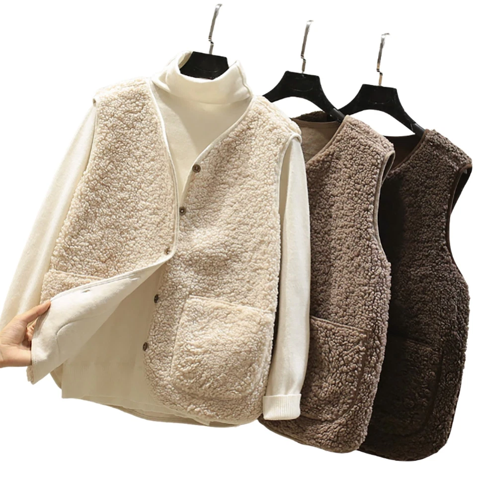 MARKENLOS Damen Teddyfleece Weste ärmellos - V-Ausschnitt kuschelig warm