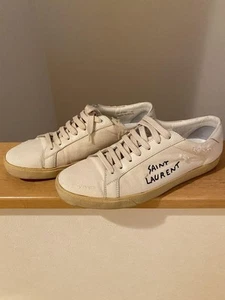 YSL Saint Laurent Distressed Low Top Sneakers Men's 42 US9 White Canvas Logo - Picture 1 of 24