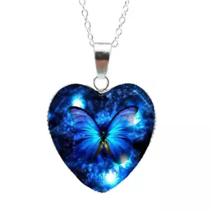 Women's Necklace Pendant Silver Blue Butterfly Heart Cabochon Gift Party