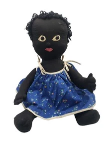 Handmade Black Rag Doll 14-Inch Blue Floral Dress Embroidered Yarn Hair Jointed - Picture 1 of 5