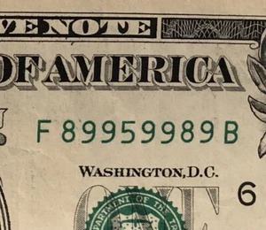 2017 $1 (One Dollar) Fancy Serial Number. Trinary. Partial Radar. 89959989 - Picture 1 of 3