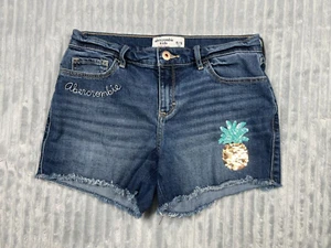 Abercrombie Kids Shorts Girls Midi 26W Cut Off Medium Wash Sequins Spellout 4" - Picture 1 of 10