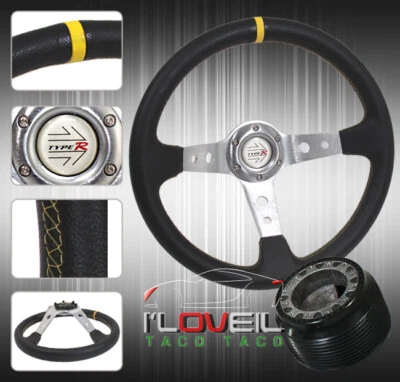 For 88-91 Honda Civic/Crx Black/Yellow Leather Deep Dish Steering Wheel Foto 1 de 3