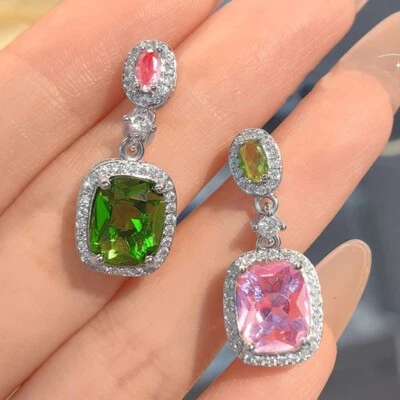New AB Style Mix Color Green Citrine Pink Topaz Gems Women Girl Dangle Earrings - Image 1 of 4