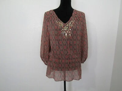 Blusa Top Camisa Ellen Tracy Roja/Tostada Lentejuelas Geométricas Cuello en V Manga 3/4 Talla S Foto 1 de 4