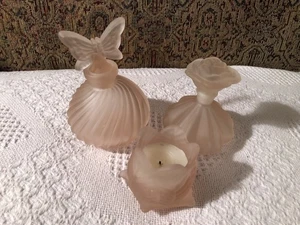 VTG 3 Piece Pink Frosted Glass Butterfly Rose Perfume Bottle & Votive Vanity Set - Picture 1 of 9