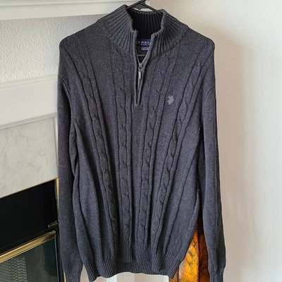 U.S. Polo Assn. Cable Knit Quarter Zip Sweater Dark Gray Men's Sz L - Image 1 of 4