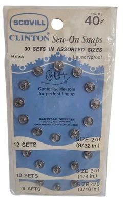 Paquete de 3 broches de presión para coser Scovill Clinton plateados 2/0 (9/32") 3/0 (1/4") 4/0 (3/16") nuevos en stock Foto 1 de 3