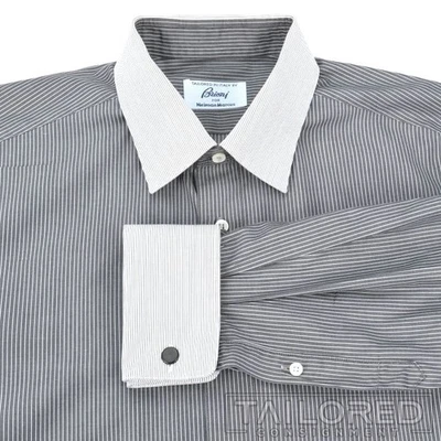 Camisa de vestir BRIONI gris a rayas 100 % algodón para hombre de lujo puño francés - 16,5 Foto 1 de 4