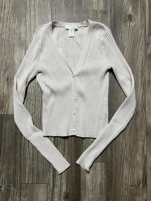 H&M Cardigan Sweater Womens Small Beige Ribbed V Neck Button Front Cropped - Image 1 of 4