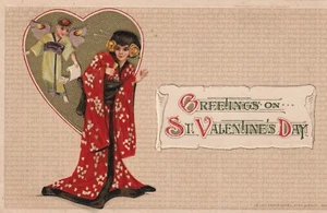 Postcard Schmucker St Valentine John Winsch Embossed Asian Lady Cupid Gold Heart - Picture 1 of 2