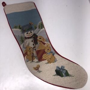 Vintage Peking Handicraft Needlepoint Christmas Snowman Bunnies Stocking 1991