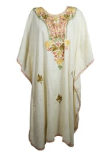 Women's Kaftan Dress White Hand Embroidered Casual Housedress Loose Flowy Caftan