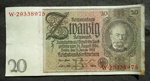OLD BANKNOTE OF THIRD REICH GERMANY 20 REICHSMARK 1929 SIEMENS NO. W*29338975 - Picture 1 of 5