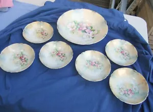 Antq Porcelain Victorian German 41 Wild Rose Serving Bowl W/ 6 Fruit Bowls Set - Picture 1 of 9