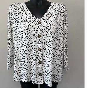 All in Love Top Sz L White Black Print ButtonDown 3/4 Sleeve Careerwear Casual  - Picture 1 of 7