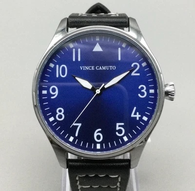Relógio Vince Camuto Masculino 41mm Mostrador Azul Aço Inoxidável Couro Preto Nova Bateria - Imagem 1 de 4