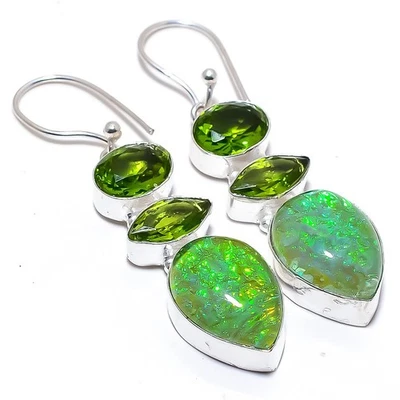 Triplet Fire Opal, Peridot Gemstone 925 Sterling Silver Jewelry Earring 2.4" - Image 1 of 4