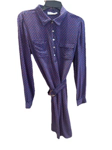 Tory Burch Navy Blue Silk Button Down Midi Dress Sz 10 Gold Buttons & Beltloop - Picture 1 of 10