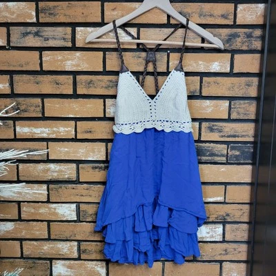 Double Zero Blue & Beige Boho Crochet Ruffled Strappy Tank Top Size S - Image 1 of 4