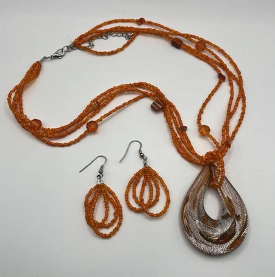 Collar Artesanal Vidrio Lágrima Gota Colgante Semilla Cuentas Naranja Metálico Declaración Foto 1 de 4