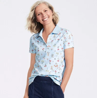 Lands End Women's Supima Cotton Short Sleeve Polo Shirt Light Blue Floral S Tall - Image 1 of 3