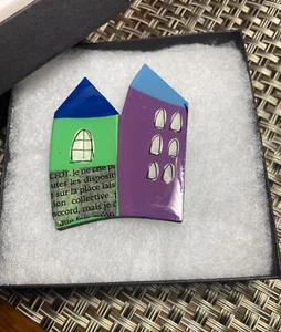 Colorful Arty Laser-Cut Pin/Brooch 2 Houses French Script Handmade Signed aini - Picture 1 of 3