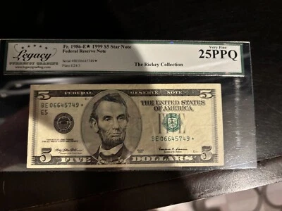 DBR 1999 $5 FRN STAR Richmond Fr. 1986-E* Legacy 25 PPQ Serial BE06645749* - Image 1 of 2