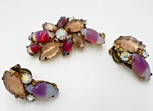 ANTQ Brosche Anstecknadel Ohrringe Demi Parure Clip On Rosa Lila Strass West Germany - Bild 1 von 10