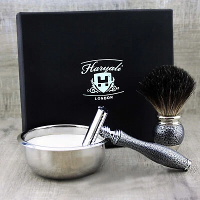 Kit de Afeitado Clásico para Hombres Cerdas Cepillo Doble Borde Seguridad Navaja Jabonera Plateado - Imagen 1 de 4