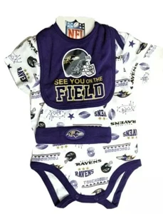 Conjunto de 3 piezas de carro, babera y gorra bebé Baltimore Ravens NFL nuevo con etiquetas tallas 0-3 m, 3-6 m - Imagen 1 de 4