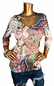 Kiara M Top Stretch Soft Floral Paisleys Fall Low V Cut Studded Blouse Lite Wgt - Picture 1 of 9