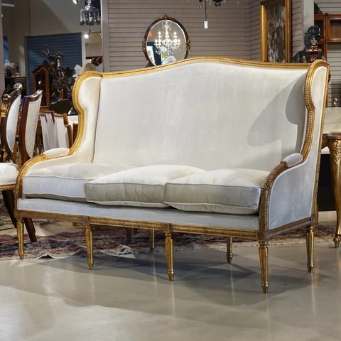 Beautiful French 3 seater sofa mahogany wood antique gold leaf white velvet Cover