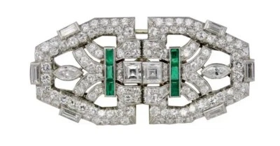 Broche prendedor plata 935 circonita cúbica esmeralda doble clip Art Deco de 8 quilates Foto 1 de 4