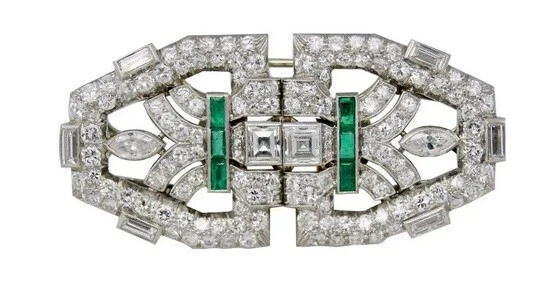 Broche prendedor plata 935 circonita cúbica esmeralda doble clip Art Deco de 8 quilates Foto 1 de 4