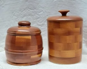 2 Handcrafted Danish Style Turned Finished Wood Cannisters With Lids Signed - Picture 1 of 9