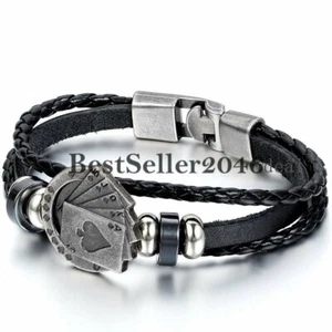 Charm Poker Card Multilayer Leather Rope Men Cuff Bangle Bracelet Wristband Gift - Picture 1 of 2