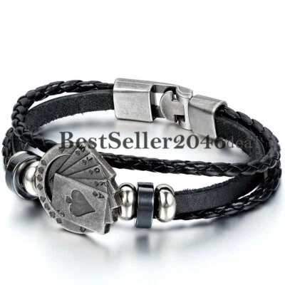 Charm Poker Card Multilayer Leather Rope Men Cuff Bangle Bracelet Wristband Gift - Image 1 of 2