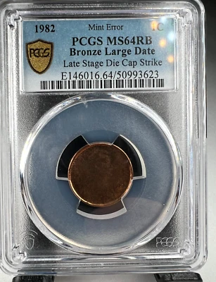 1982 P Lincoln Penny Cent, 1C Large Date Late Die Cap Strike ERROR PCGS MS 64 RB - Image 1 of 4
