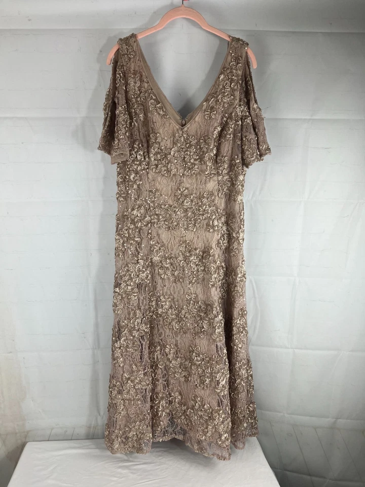 Vestido formal largo de encaje con cuello en V Alex Evenings Soutache para mujer talla 14 dorado usado en excelente estado Foto 1 de 4