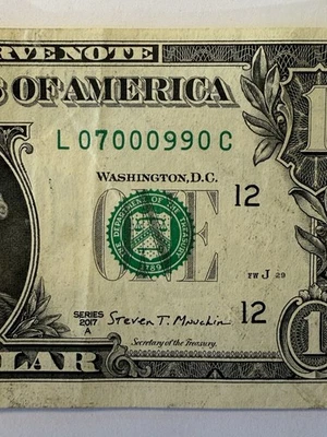 Trinary Five Of A Kind 0s One Dollar Bill $1 Fancy Serial Number L07000990C 2017 - Image 1 of 4