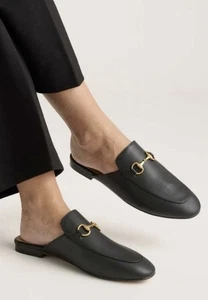QUINCE New Women’s 10.5 Italian Leather Horsebit Loafers Mules Black Flats Shoes - Picture 1 of 7