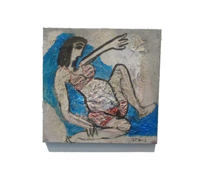 Badende Frau Collage 30x30 Akt orig sign dat  Acryl/LW Kunstmüllerei Düsseldorf - Bild 1 von 4