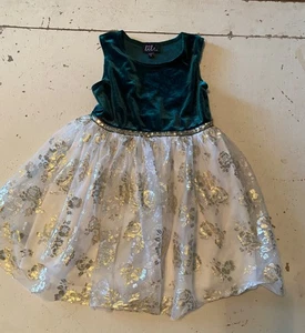 Lilt Girls Special Occasion Green Velour Dress Size 5 Two Tiered w/ Gold Roses - Picture 1 of 6