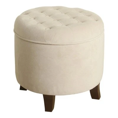 Pemberly Row Round Transitional Wood and Velvet Storage Ottoman in Cream - Image 1 of 4